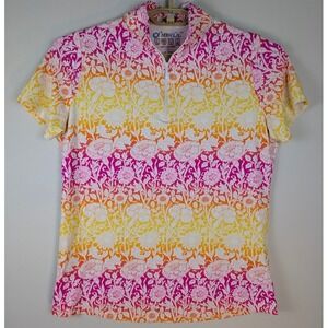 IBKUL Shirt Womens M Floral Short Sleeve Zip Mock Neck Golf Tennis Pink Yellow